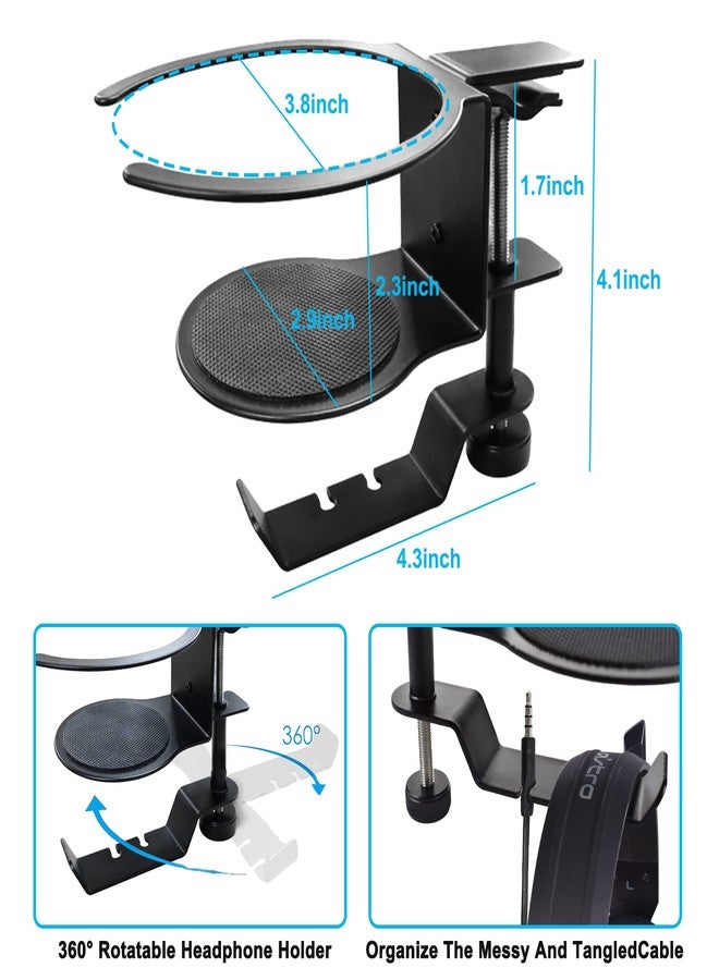 LBTING 2-in-1 Adjustable & 360 Rotating Office Gaming Accessories for Under Desk Headphone Stand, Hanging Headset, Holding Coffee Mug, Drinks, Water Bottle - Black - Image 2